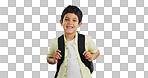 School, happy or face of child in studio on blue background ready for class, learning and education. Student, smile or portrait of a young boy with bag excited for lesson, academy or kindergarten