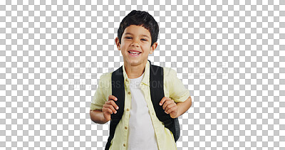 Buy stock photo Isolated boy child, backpack and portrait with pride, smile and education by transparent png background. Kid, bag and happy for learning, development and progress at school, kindergarten or academy