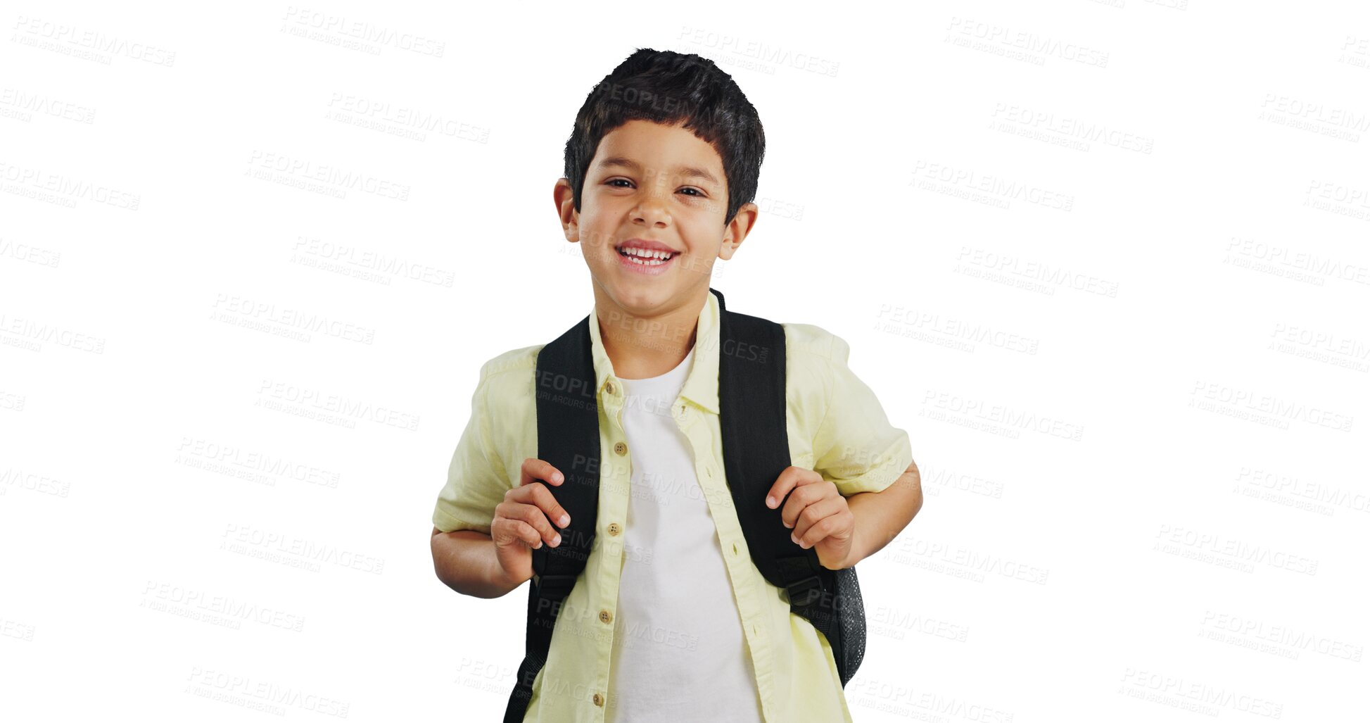 Buy stock photo Isolated boy child, backpack and portrait with pride, smile and education by transparent png background. Kid, bag and happy for learning, development and progress at school, kindergarten or academy