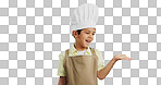 Child, happy face and chef hand to show promotion, advertising or deal in studio. Dress up, profession and young boy happy from future career of cooking and open palm for sale with blue background