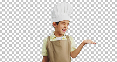 Buy stock photo Isolated boy kid, chef and hand with vision for cooking, learning and development by transparent png background. Child, kitchen clothes and smile on face for bakery, open palm or funny with thinking