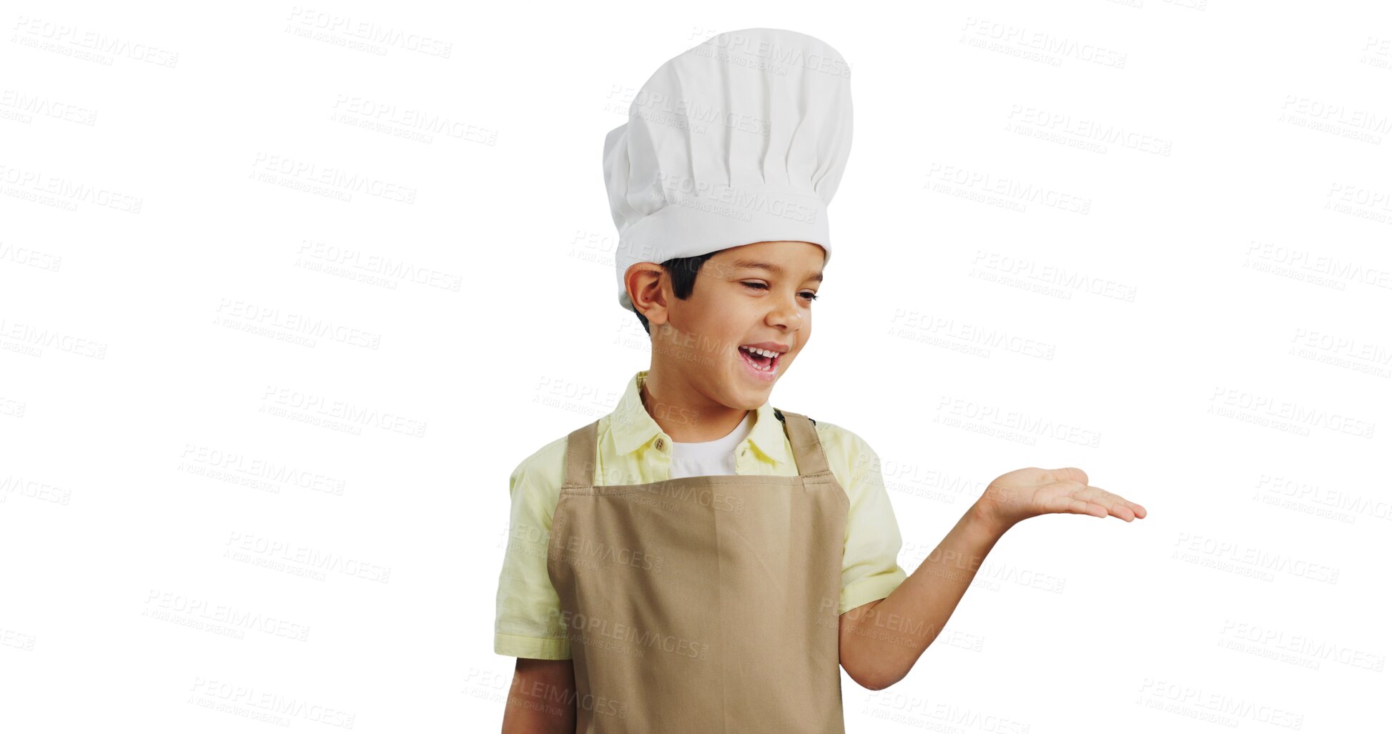 Buy stock photo Isolated boy kid, chef and hand with vision for cooking, learning and development by transparent png background. Child, kitchen clothes and smile on face for bakery, open palm or funny with thinking