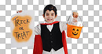 Halloween, poster and portrait of child with basket of sweets for candy isolated in studio blue background and happy. Holiday, laughing and kid in vampire costume for celebration in fantasy festival