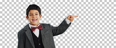 Buy stock photo Happy boy, portrait and pointing for advertising or marketing isolated on a transparent PNG background. Face of friendly child or kid smile for notification alert on business sale, deal or promotion