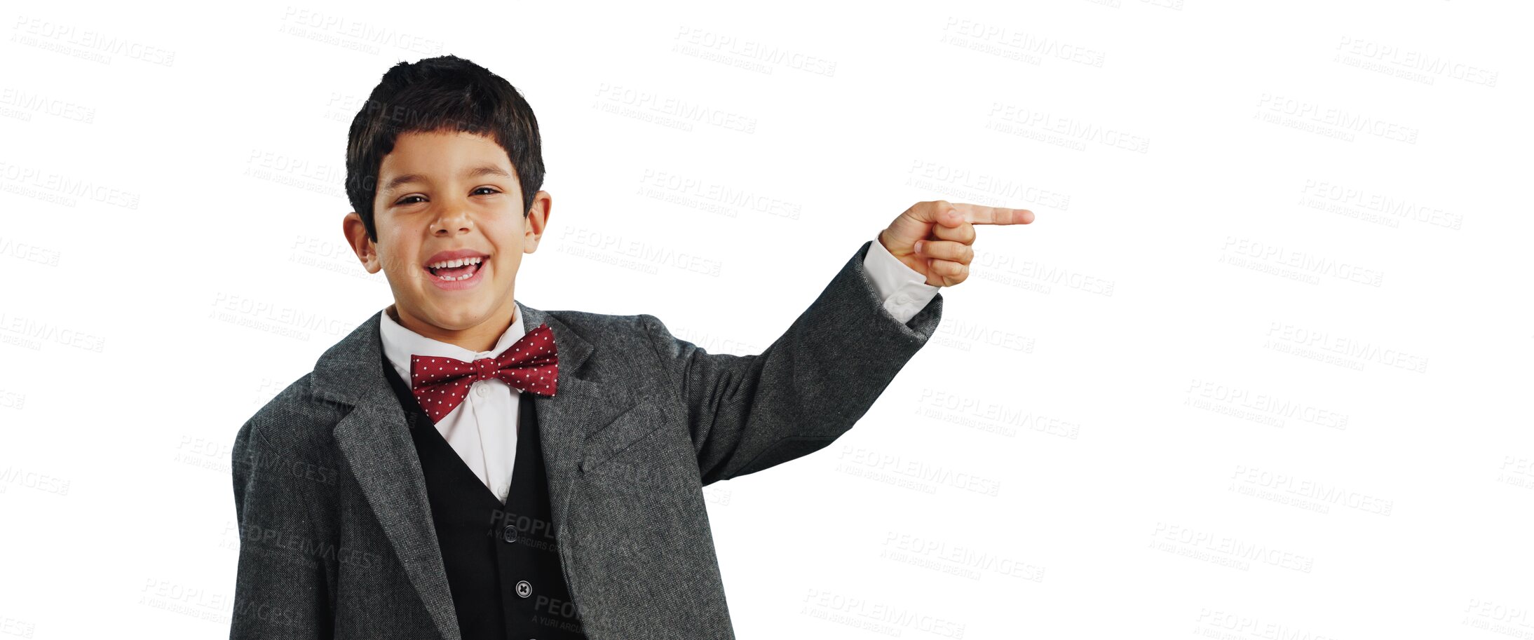 Buy stock photo Happy boy, portrait and pointing for advertising or marketing isolated on a transparent PNG background. Face of friendly child or kid smile for notification alert on business sale, deal or promotion