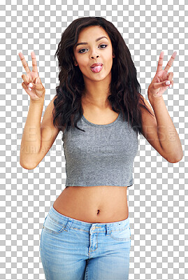 Buy stock photo Woman, fashion and tongue out portrait with peace sign, smile and modern outfit from Brazil. Jeans, trendy clothing and female model with stylish clothes ??isolated on a transparent, png background
