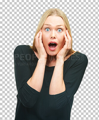 Buy stock photo Shock, surprise and woman portrait with wow from sale and discount announcement. Crazy news, female person and shocked face with omg emoji gesture ??isolated on a transparent, png background
