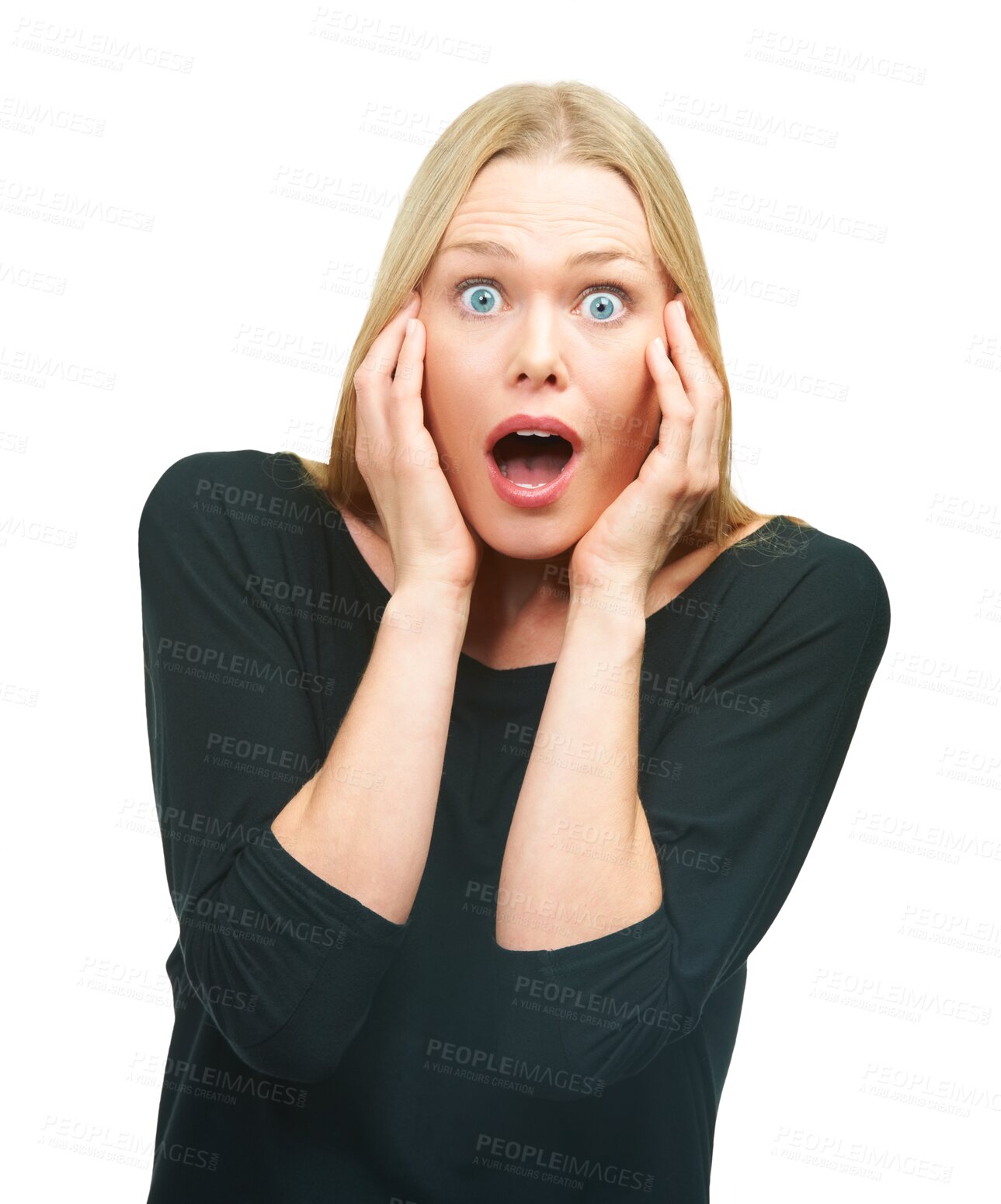 Buy stock photo Shock, surprise and woman portrait with wow from sale and discount announcement. Crazy news, female person and shocked face with omg emoji gesture ??isolated on a transparent, png background
