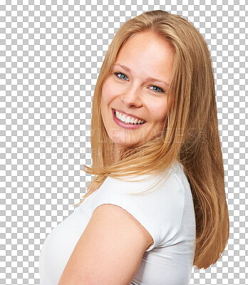 Buy stock photo Portrait, smile and woman with beauty, casual outfit and fashion isolated on a transparent background. Face, person and model with png, joyful and cheerful with positive mindset, happiness or stylish