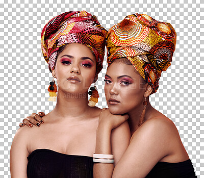 Buy stock photo African fashion, beauty and portrait of women, makeup and confident people isolated on transparent background. Face, girls or models with exotic jewelry, hug or embrace with support, cosmetics or png