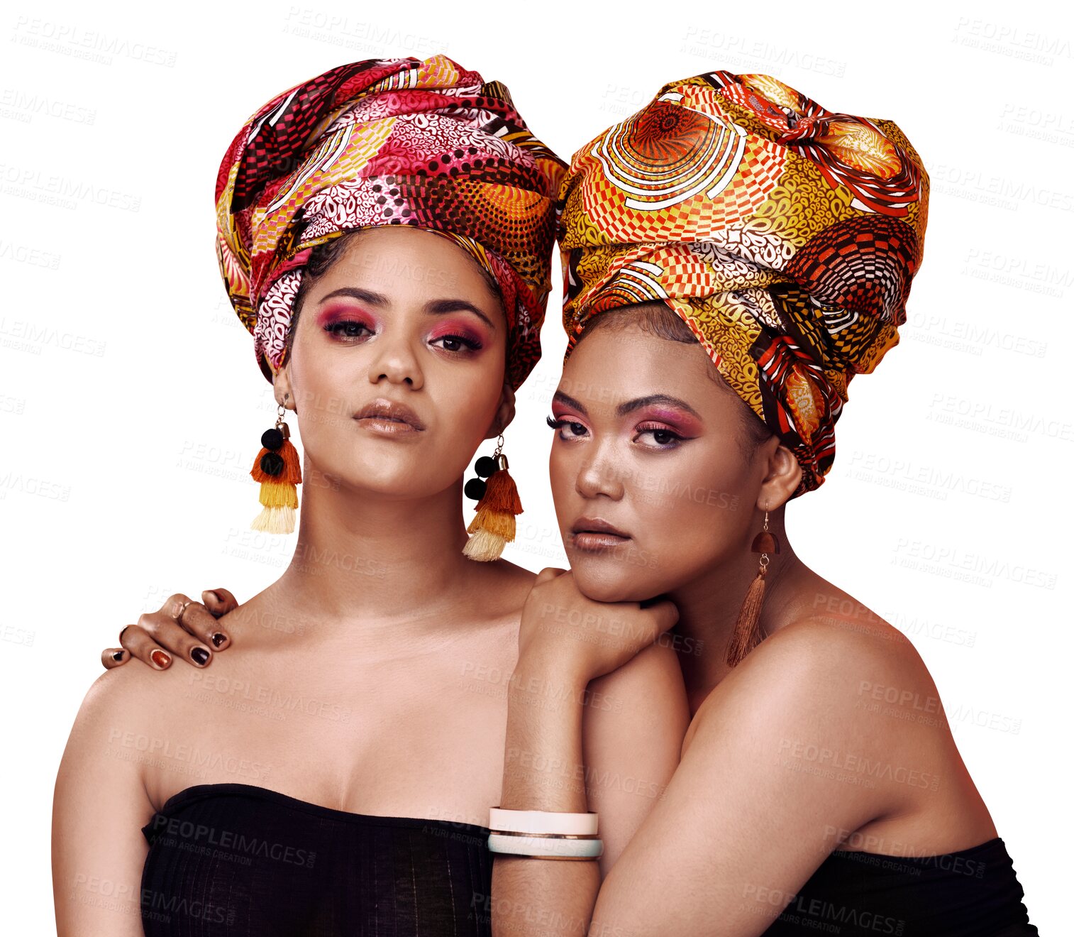 Buy stock photo African fashion, beauty and portrait of women, makeup and confident people isolated on transparent background. Face, girls or models with exotic jewelry, hug or embrace with support, cosmetics or png