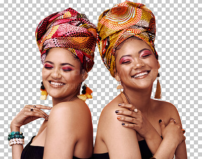 Buy stock photo Happiness, friends and women with beauty, skincare and confident people isolated on a transparent background. Girls, png and models with African head scarf, jewelry and smile with joy and aesthetic