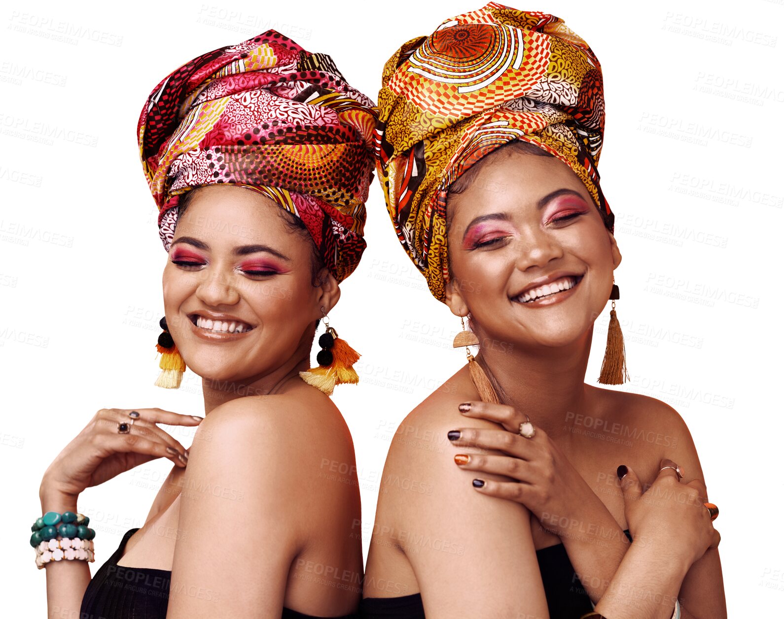 Buy stock photo Happiness, friends and women with beauty, skincare and confident people isolated on a transparent background. Girls, png and models with African head scarf, jewelry and smile with joy and aesthetic