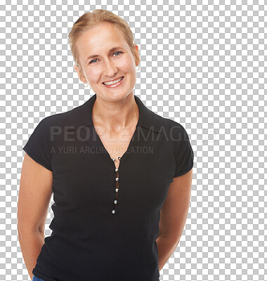 Buy stock photo Portrait, fashion and happy woman with casual, style or confidence on isolated, transparent or png background. Tshirt, face or mature female model smile in trendy outfit, clothes or positive attitude