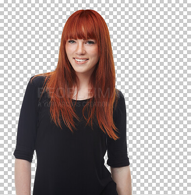 Buy stock photo Isolated woman, ginger hair and portrait with smile, trendy fashion and confidence by transparent png background. Girl, model or person with hairstyle, salon and wellness with shine, glow and growth