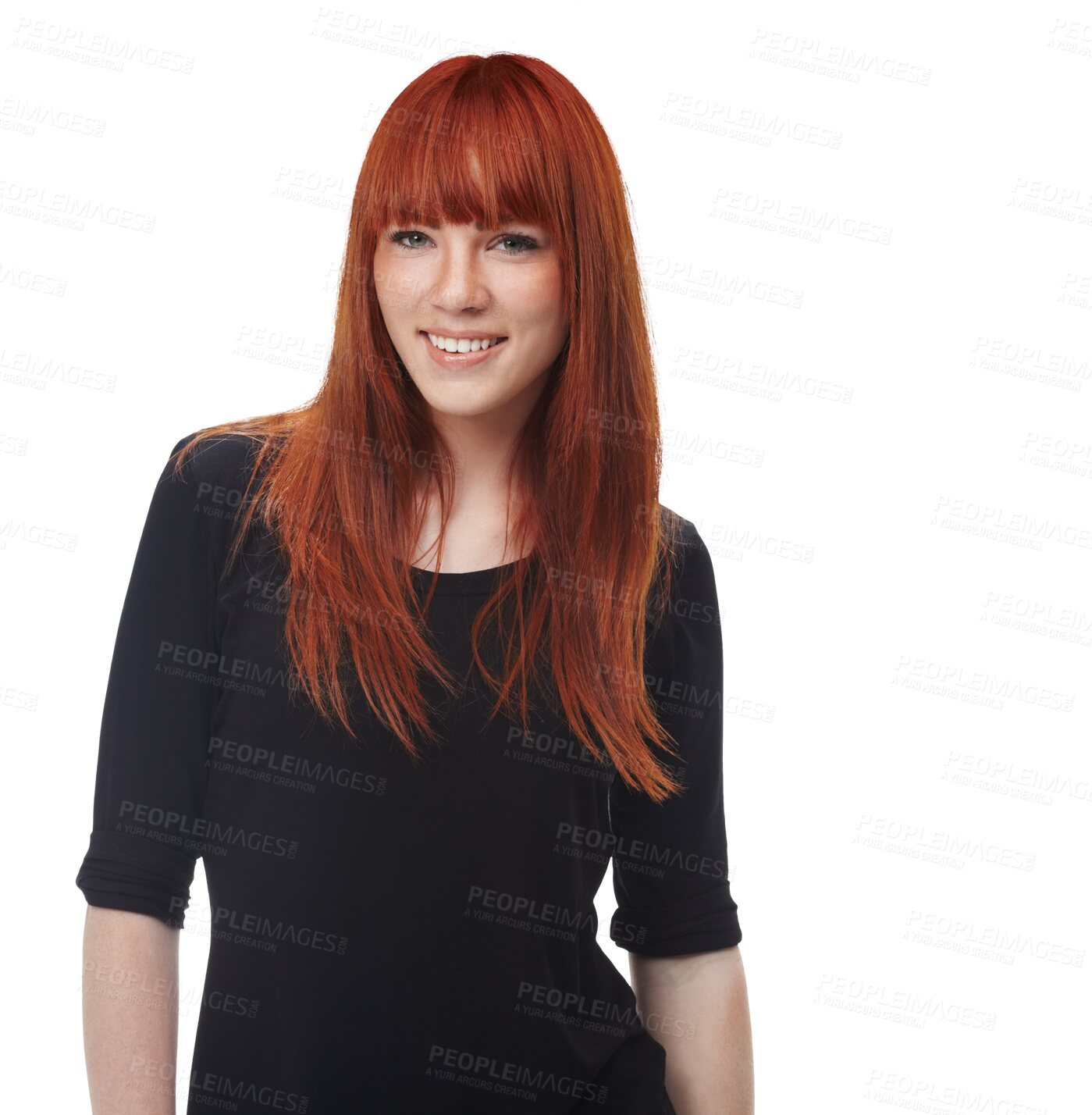 Buy stock photo Isolated woman, ginger hair and portrait with smile, trendy fashion and confidence by transparent png background. Girl, model or person with hairstyle, salon and wellness with shine, glow and growth