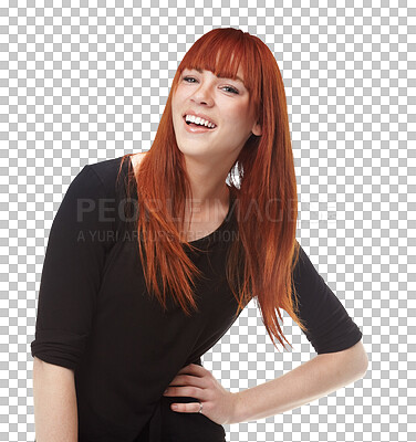 Buy stock photo Isolated woman, ginger hair care and portrait for smile, trendy fashion or confident by transparent png background. Girl, model or person with hairstyle, color or wellness with shine, glow and growth