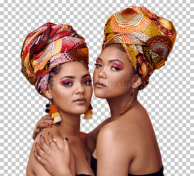 Buy stock photo African fashion, cosmetics and portrait of women, makeup and confident people isolated on transparent background. Face, girls or models with exotic jewelry, hug or embrace with luxury, beauty or png