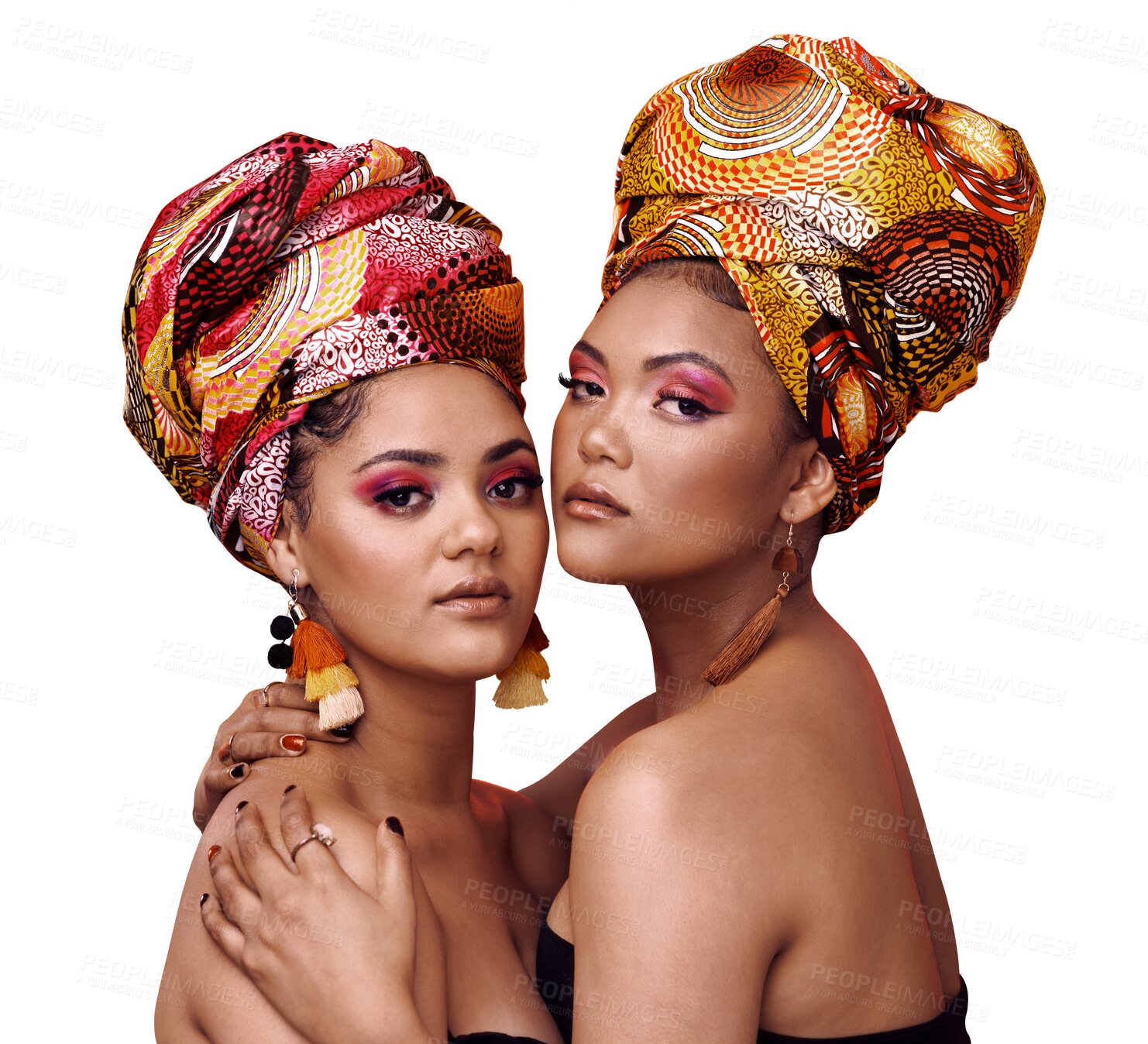 Buy stock photo African fashion, cosmetics and portrait of women, makeup and confident people isolated on transparent background. Face, girls or models with exotic jewelry, hug or embrace with luxury, beauty or png