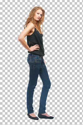 Buy stock photo Woman, portrait and fashion in denim jeans standing isolated on a transparent PNG background. Young attractive female person or model posing in confidence with hands on hip in casual clothing style