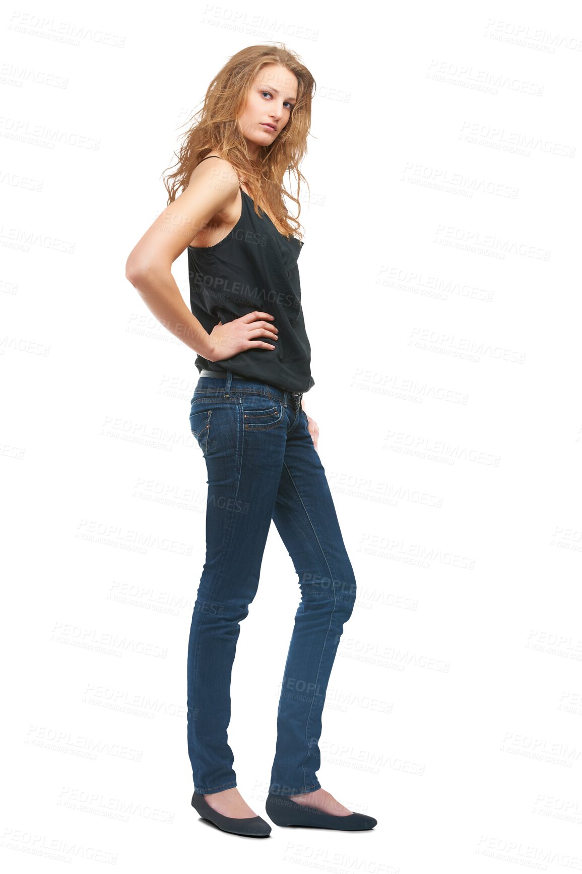 Buy stock photo Woman, portrait and fashion in denim jeans standing isolated on a transparent PNG background. Young attractive female person or model posing in confidence with hands on hip in casual clothing style