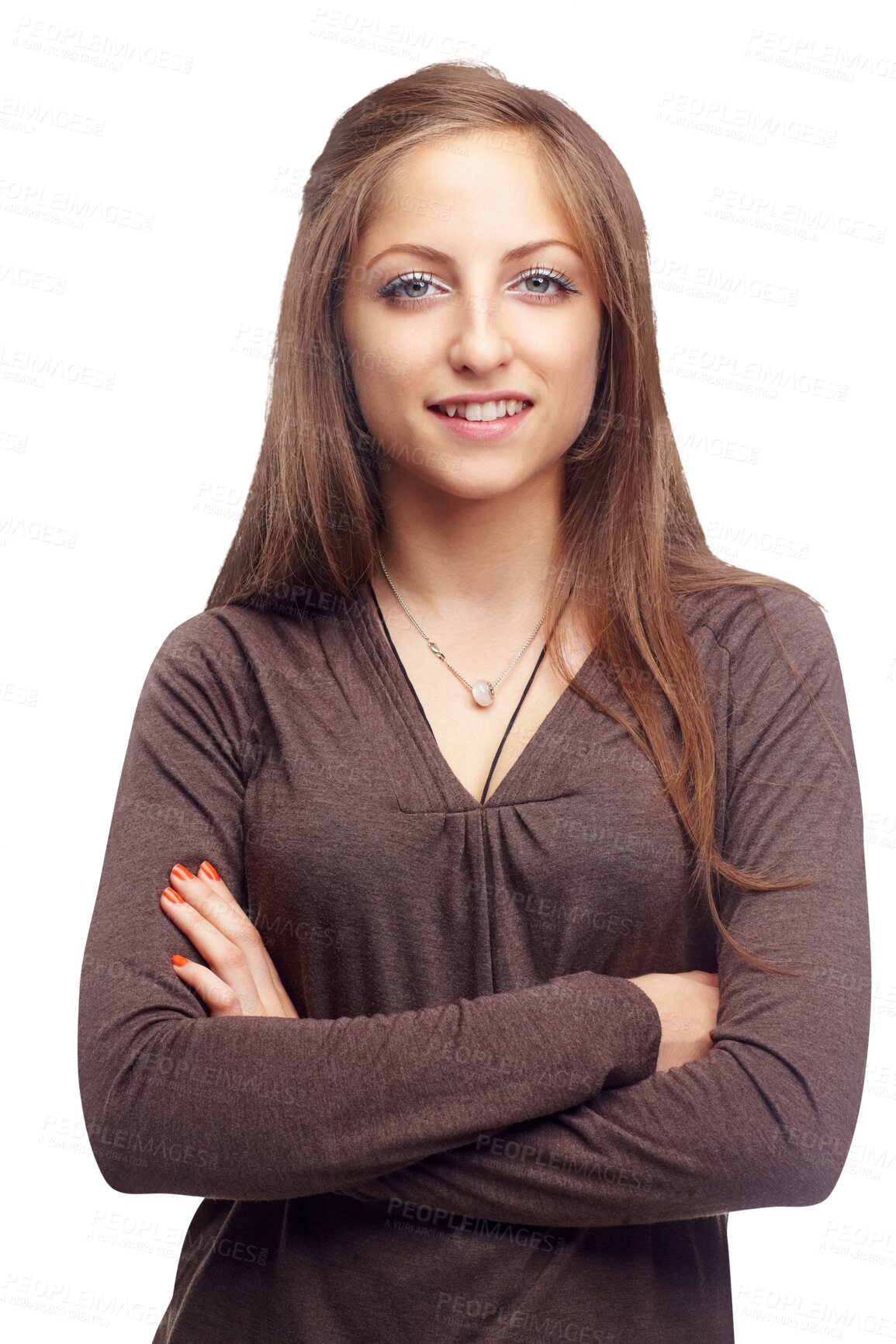 Buy stock photo Fashion, portrait and woman with arms crossed confidence on isolated, transparent and png background. Face, smile and female model with empowered pose, style or positive attitude, mindset or clothes