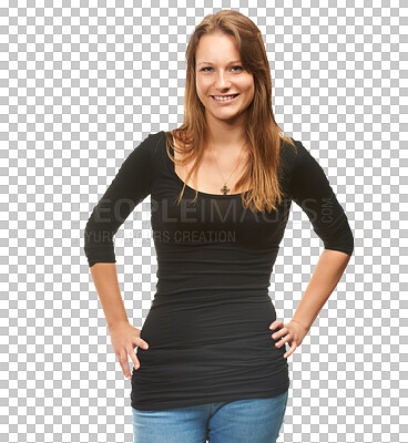 Buy stock photo Fashion, confidence and portrait of woman with smile on isolated, png and transparent background. Happy, natural face and person with confidence, pride and beauty in trendy, style and casual clothes