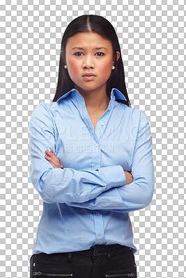 Buy stock photo Frustrated, portrait and asian woman with arms crossed anger on isolated, transparent or png background. Annoyed, attitude or worker face with defensive sign or stress for Japan business compliance