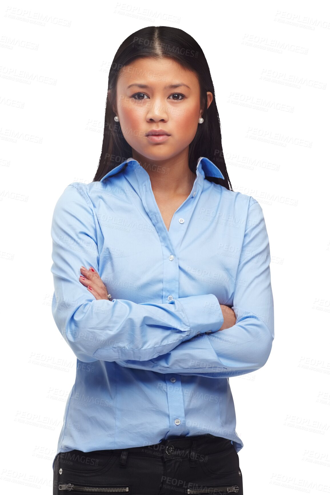 Buy stock photo Frustrated, portrait and asian woman with arms crossed anger on isolated, transparent or png background. Annoyed, attitude or worker face with defensive sign or stress for Japan business compliance