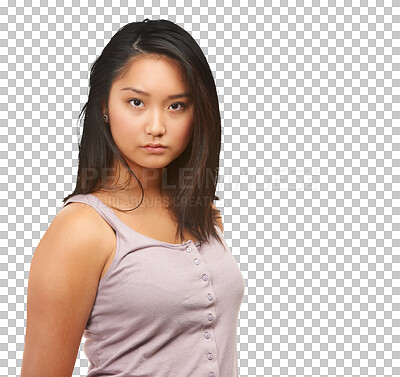 Buy stock photo Fashion, serious and portrait of Asian woman with beauty on isolated, png and transparent background. Cosmetics, natural face and person with confidence, pride and in trendy, style and casual clothes