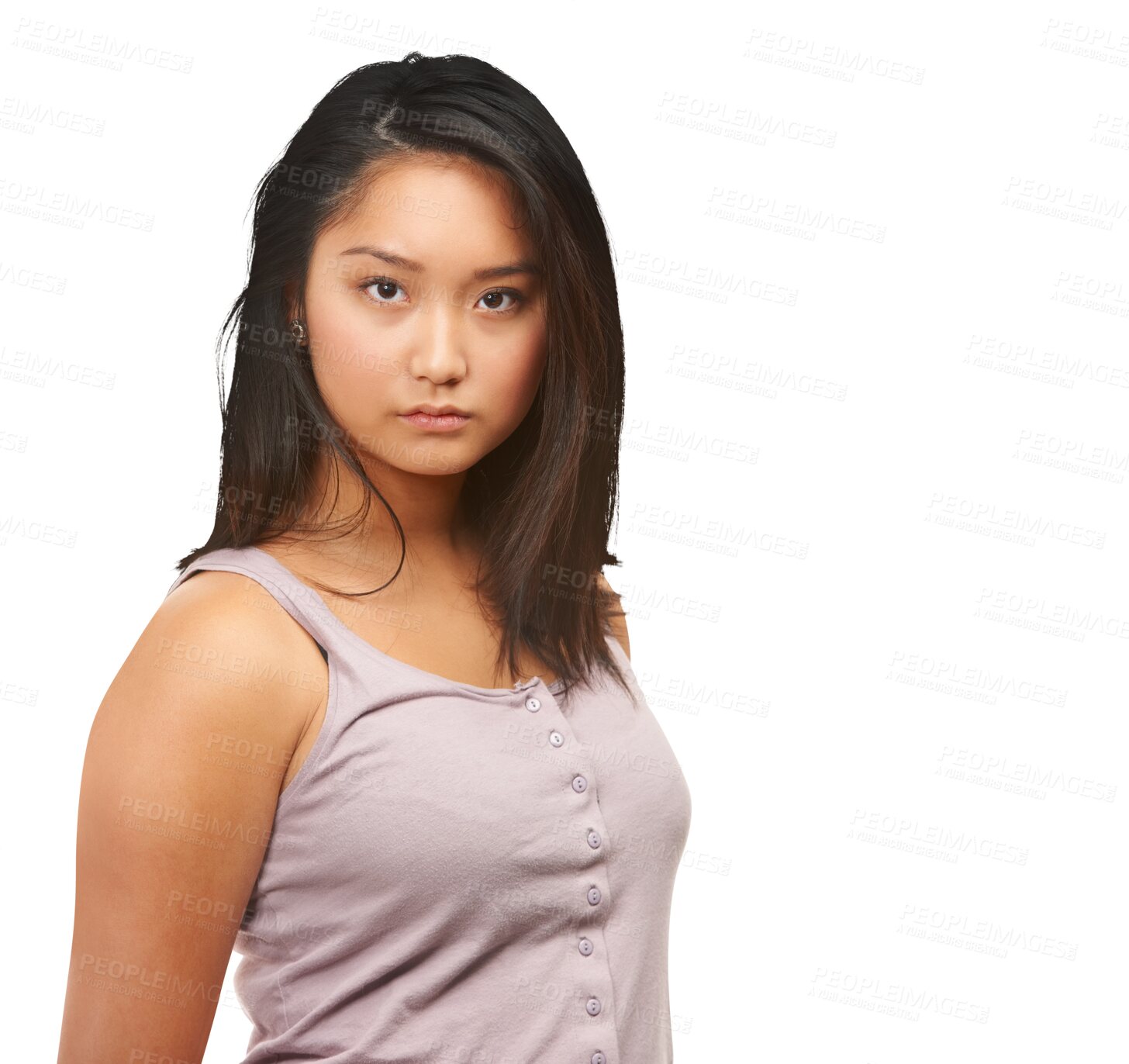 Buy stock photo Fashion, serious and portrait of Asian woman with beauty on isolated, png and transparent background. Cosmetics, natural face and person with confidence, pride and in trendy, style and casual clothes