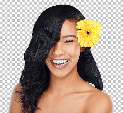 Buy stock photo Happy, beauty and portrait of woman with flower on isolated, png and transparent background. Haircare salon, spa aesthetic and face of person with floral bloom for cosmetics, makeup and skincare