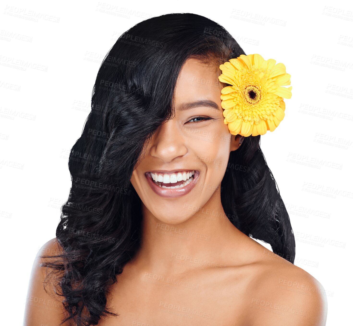 Buy stock photo Happy, beauty and portrait of woman with flower on isolated, png and transparent background. Haircare salon, spa aesthetic and face of person with floral bloom for cosmetics, makeup and skincare