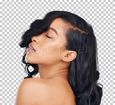 Buy stock photo Skincare, beauty and face of woman for hair care on isolated, png and transparent background. Dermatology, spa aesthetic and person with cosmetics for healthy hairstyle, growth and salon wellness