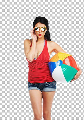 Buy stock photo Woman, summer fashion and gen z sunglasses with pout and silly with a beach ball and pool outfit. Female person, modern outfit and model isolated on a transparent, png background with vacation fun