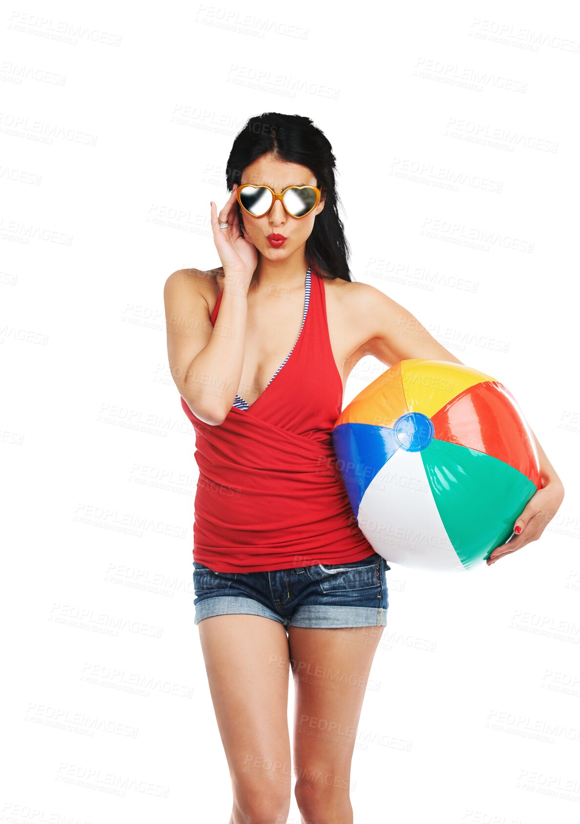 Buy stock photo Woman, summer fashion and gen z sunglasses with pout and silly with a beach ball and pool outfit. Female person, modern outfit and model isolated on a transparent, png background with vacation fun