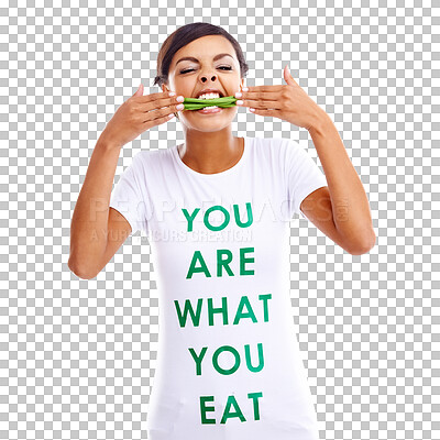 Buy stock photo Vegetable, hungry woman and diet portrait with health eating, wellness tshirt and message. Nutrition, healthy food and female model with snack, meal and info isolated on a transparent, png background