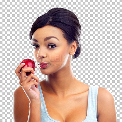 Buy stock photo Woman, portrait and apple for natural diet or nutrition isolated on a transparent PNG background. Face of female person, vegetarian or model holding organic fruit, food or healthy snack for meal