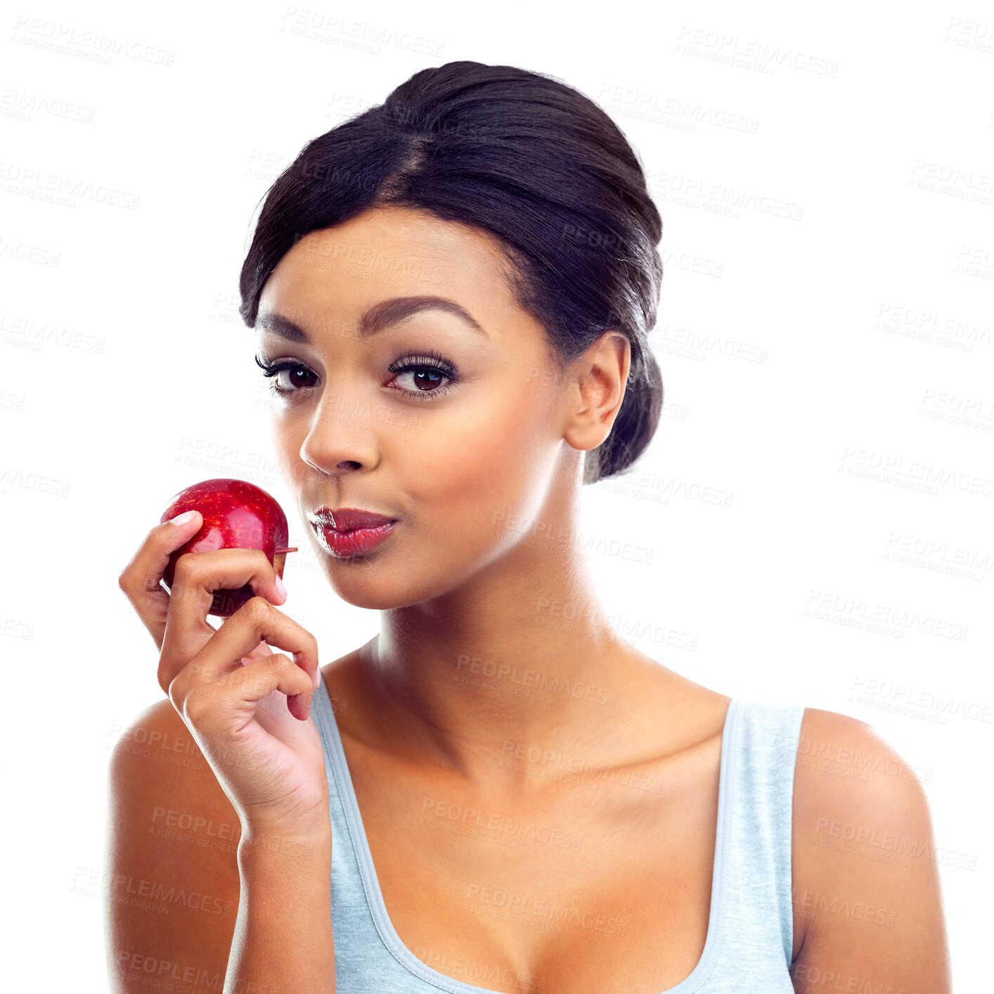 Buy stock photo Woman, portrait and apple for natural diet or nutrition isolated on a transparent PNG background. Face of female person, vegetarian or model holding organic fruit, food or healthy snack for meal