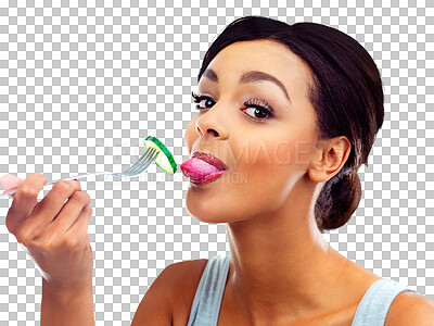 Buy stock photo Portrait, eating and woman with cucumber, healthy and wellness isolated on transparent background. Face, person and model with a fork, slice and snack with png, diet and detox with nutrition or fiber