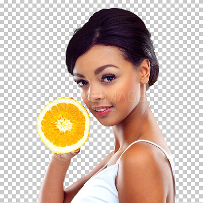 Buy stock photo Fruit, woman and orange portrait with health eating, wellness smile and confidence. Nutrition, healthy food and female model with snack, diet meal and hungry isolated on a transparent, png background