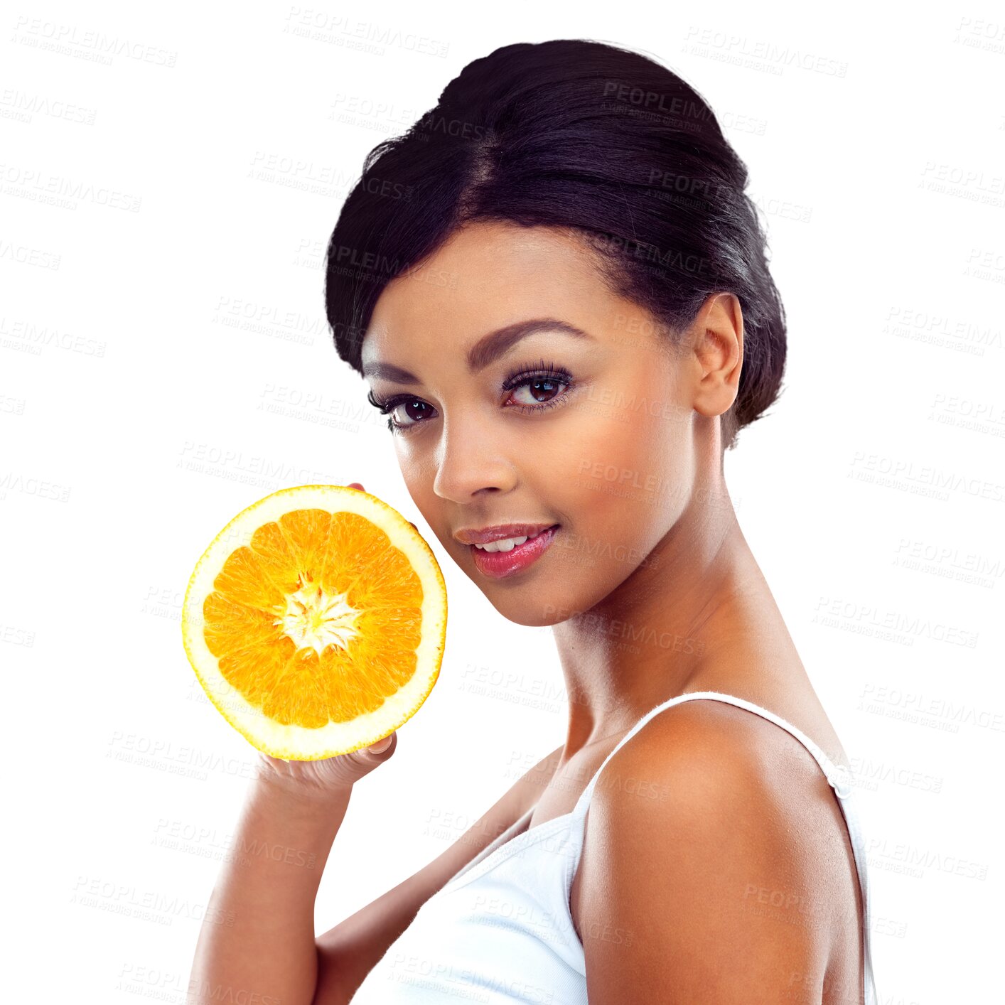 Buy stock photo Fruit, woman and orange portrait with health eating, wellness smile and confidence. Nutrition, healthy food and female model with snack, diet meal and hungry isolated on a transparent, png background