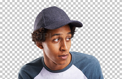 Buy stock photo Thinking, fashion and face of black man with hat on isolated, png and transparent background. Attractive, accessories and person in trendy clothes, casual outfit and style with confidence and pride