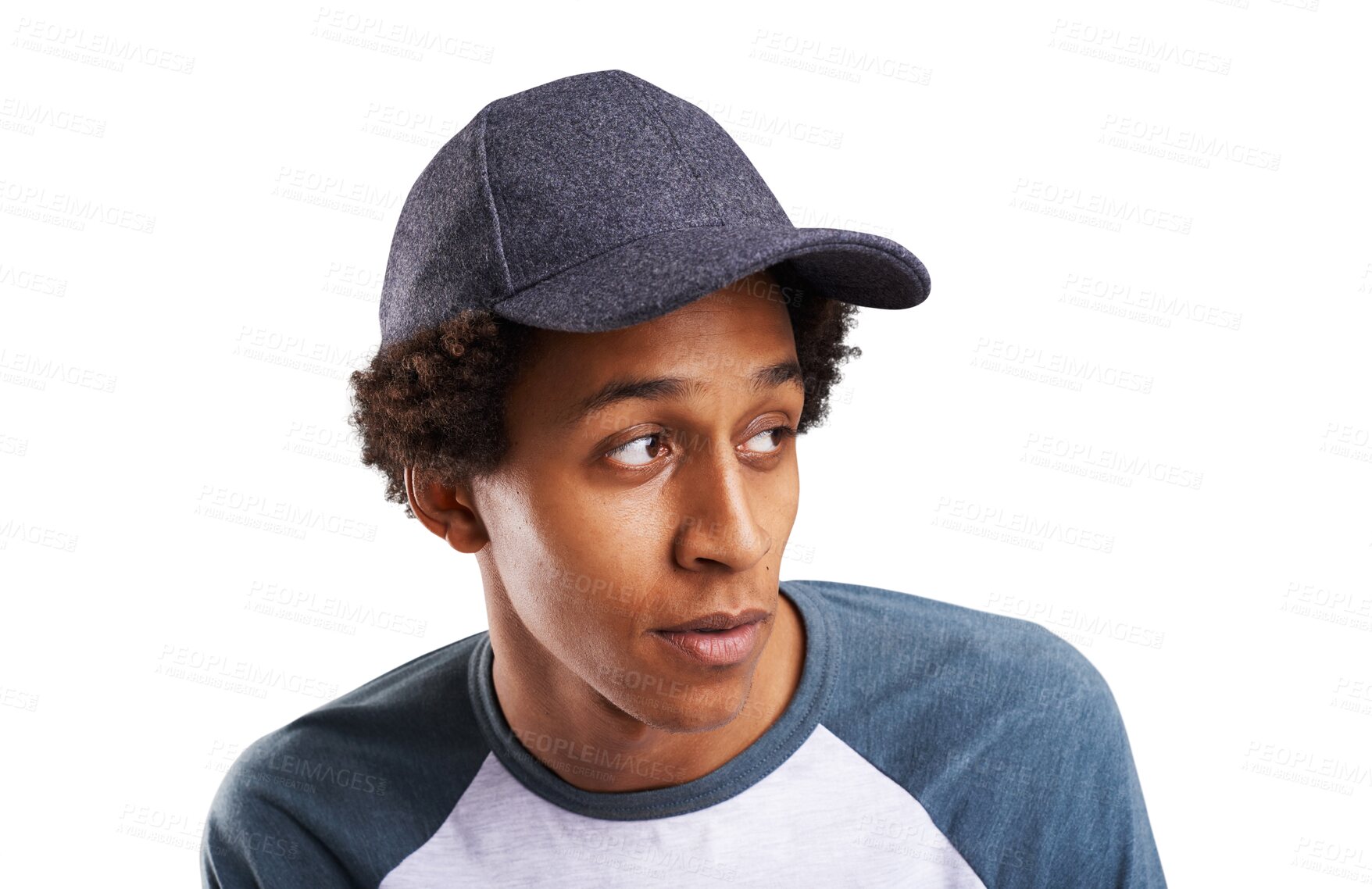 Buy stock photo Thinking, fashion and face of black man with hat on isolated, png and transparent background. Attractive, accessories and person in trendy clothes, casual outfit and style with confidence and pride