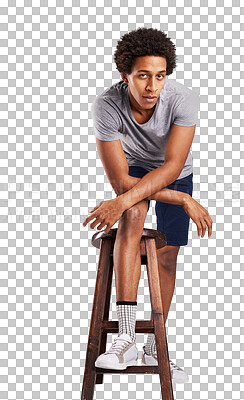 Buy stock photo Fashion, stool and portrait of black man, stylish outfit and confident guy isolated on a transparent background. Person, model or gen z with a chair, happy and casual clothes with trendy style or png