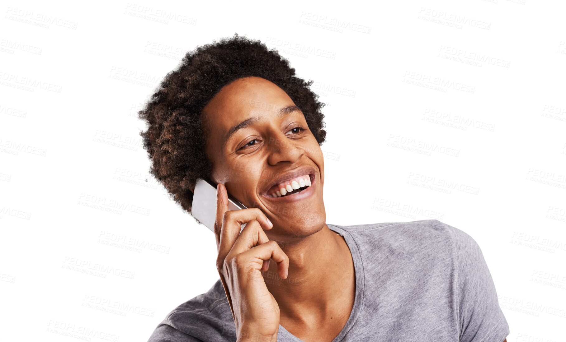 Buy stock photo Smile, phone call and black man with conversation, happiness and communication isolated on transparent background. African person, model or guy with a smartphone, speaking and network with app or png