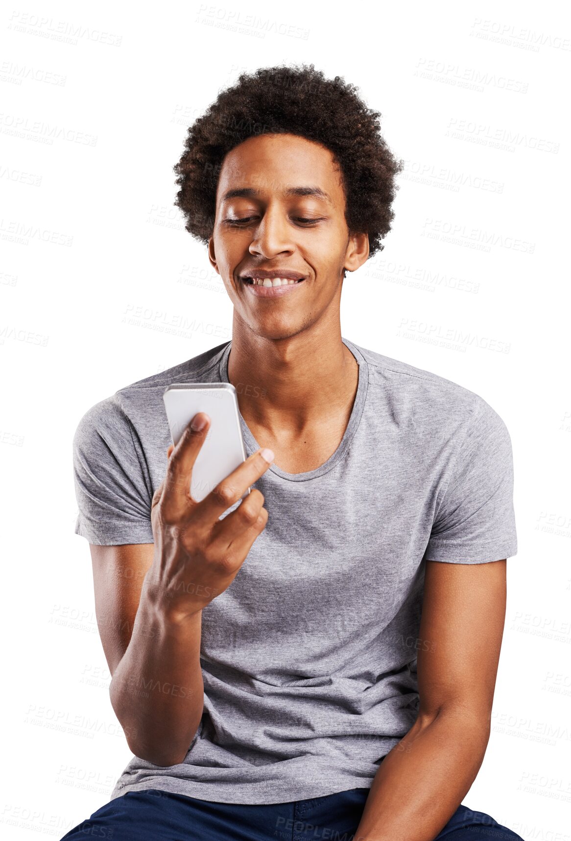 Buy stock photo Man, smile or typing with phone, scroll social media or reading notification isolated on transparent png background. Happy african guy download app, mobile games or search digital contact information