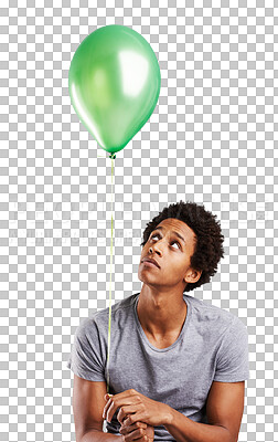 Buy stock photo Thinking, balloon and black man with ideas, party and guy isolated on a transparent background. African person, decoration and model with fun, wonder and decision with birthday, peaceful and png