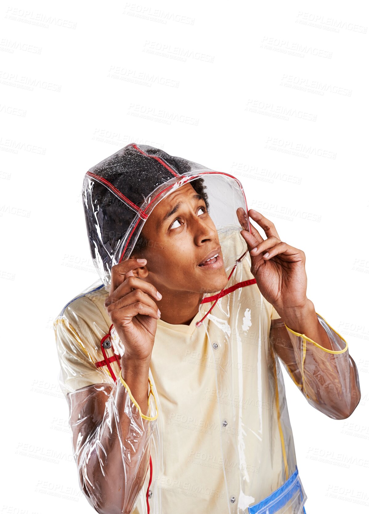 Buy stock photo Clothes, raincoat and a black man worried about the weather isolated on a transparent background. Fashion, season and winter with a young person looking for a storm on PNG in a waterproof outfit