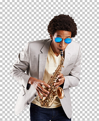 Buy stock photo Man, saxophone and music or performance practice for band concert, orchestra or jazz festival. Male person, play instrument for learning creative audio show, isolated on transparent png background